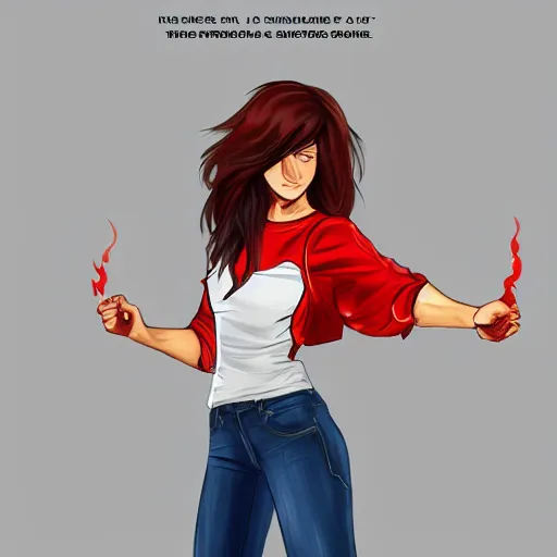 Prompt: Splash art, Kienan Lafferty style latina girl with bangs, white t-shirt with red sleeves, wearing jeans, has fire powers, her hair is on fire, her hands are on fire powerful character, trending on artstation