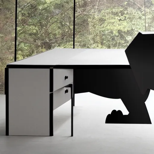 Prompt: a desk in the shape of an elephant with grey accents designed by antony gormley, advertising photography