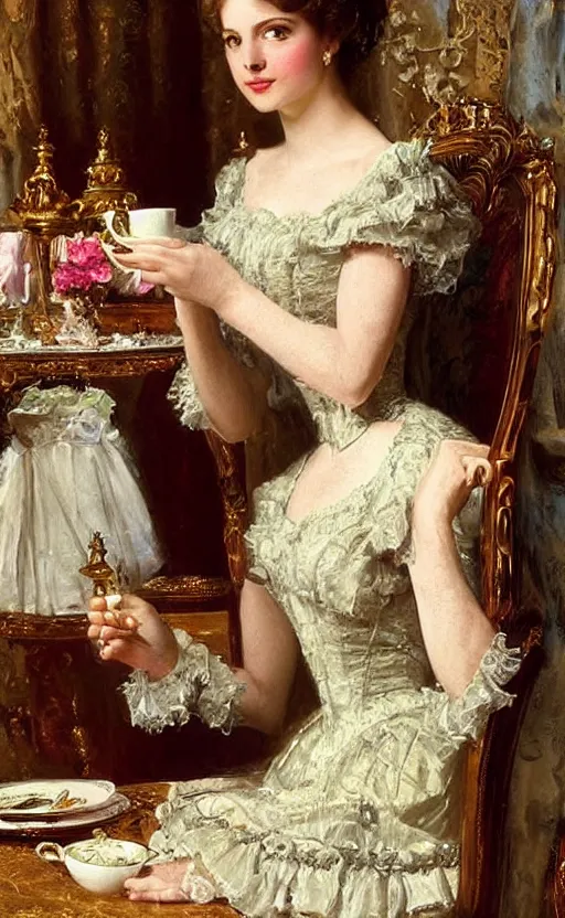 Image similar to Victorian princess drinking tea on the royal palace dining room. By Konstantin Razumov, highly detailded