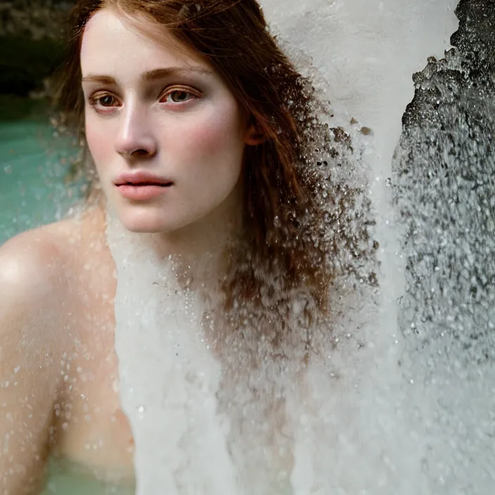 Image similar to Kodak Portra 400, 8K,ARTSTATION, Caroline Gariba, soft light, volumetric lighting, highly detailed, britt marling style 3/4 , extreme Close-up portrait photography of a beautiful woman how pre-Raphaelites, the face emerges from Pamukkale, thermal waters flowing down white travertine terraces ,and hair are intricate with highly detailed realistic beautiful flowers , Realistic, Refined, Highly Detailed, interstellar outdoor soft pastel lighting colors scheme, outdoor fine art photography, Hyper realistic, photo realistic