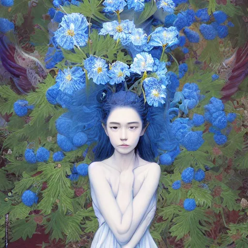 Image similar to breathtaking detailed concept art painting of the goddess of nemophila flowers, orthodox saint, with anxious, piercing eyes, ornate background, amalgamation of leaves and flowers, by Hsiao-Ron Cheng, James jean, Miho Hirano, Hayao Miyazaki, extremely moody lighting, 8K