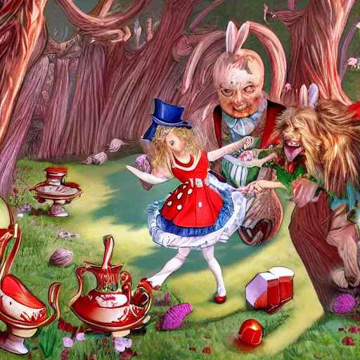 Image similar to recursive Alice in wonderland art. Highly detailed 4k warping in on itself image. Impossible shapes, Alice and the white rabbit chased by the red queen