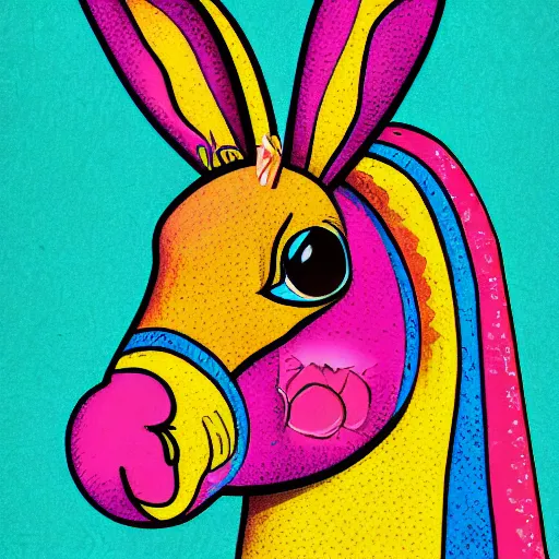 Image similar to a horse with the head of a rabbit and the body of a rabbit, illustration, whimsical, commercial art, pop art, Lisa Frank Style, 4k