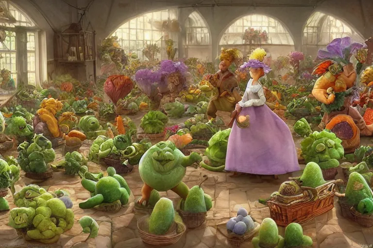 Prompt: miniature vegetable creatures parade. the floor is a cutting board. a kitchen in the background. digital art, realistic, pixar style, highly detailed, cinematic, matte painting, vivid colors, realistic, epic, low angle, lighting, by greg rutkowski and artgerm and alphonse mucha