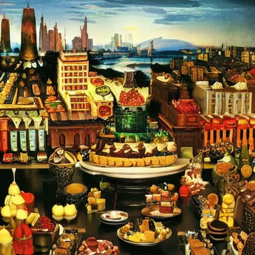 Prompt: dream city made of desserts, yummy food, exotic, cinematic lighting, by caravaggio