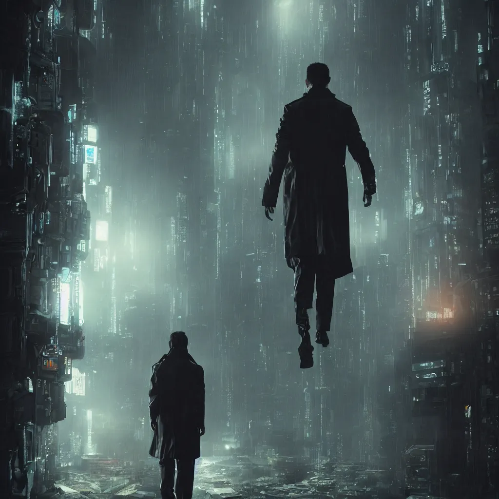 Prompt: Movie poster, cyberpunk, futuristic, technology, one detective in trench coat looking away from the camera, cinematic lighting, depth of field, highly detailed, volumetric fog, dark, moody, gritty