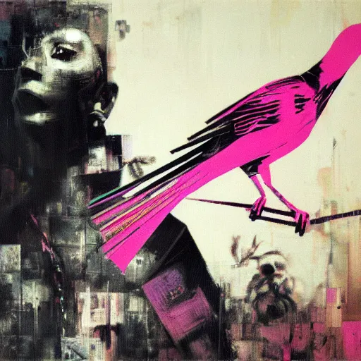 Image similar to the progressive rasterization of a bird, from a mechanical one into a pixel one, pink - noir oil on canvas by dave mckean and yoji shinkawa