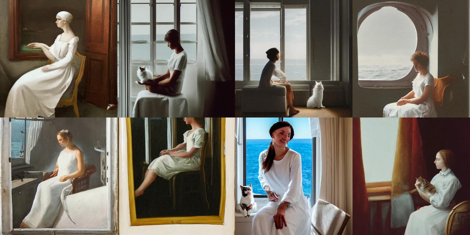 Prompt: a woman in a white dress sitting on chair and a cat on her lap in a white room in vanice, there is a window to a ship on the sea.