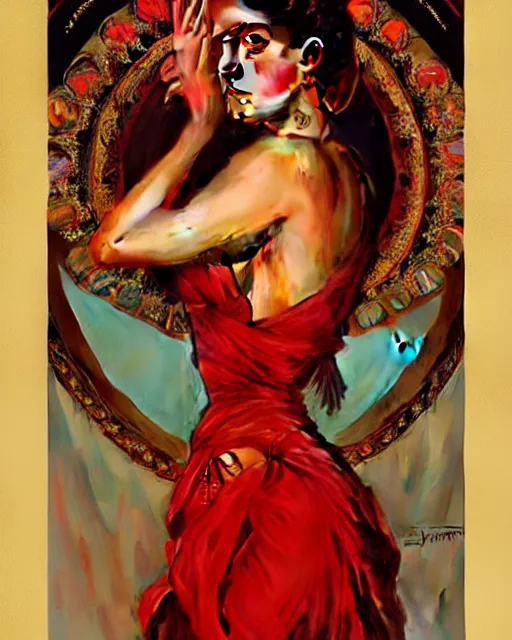 Prompt: portrait of a beautiful young spanish woman wearing a red salsa dress, beautiful symmetrical face, golden, fantasy, regal, by stanley artgerm lau, greg rutkowski, thomas kindkade, alphonse mucha, loish, norman rockwell.