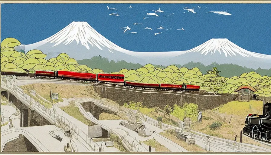 Image similar to award winning graphic design poster, cutouts constructing an contemporary art depicting mount fuji, rural splendor, and bullet train, isolated on white, mixed media painting by jules julien