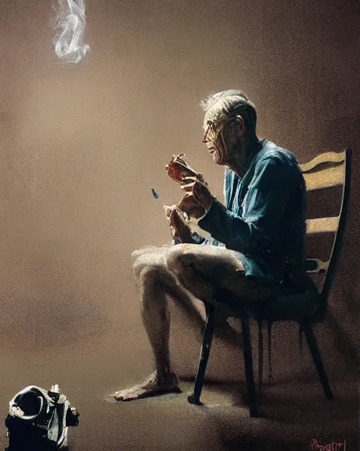 Image similar to a highly detailed epic cinematic concept art CG render digital painting artwork costume design: Henry Fonda as a 1950s tired poet, barefoot, smoking a cigarette. volumetric lighting. By Greg Rutkowski, in the style of Francis Bacon and Syd Mead and Norman Rockwell and Beksinski, open ceiling, highly detailed, painted by Francis Bacon and Edward Hopper, painted by James Gilleard, surrealism, airbrush, Ilya Kuvshinov, WLOP, Stanley Artgerm, very coherent, triadic color scheme, realistic facial expression, art by Takato Yamamoto and James Jean