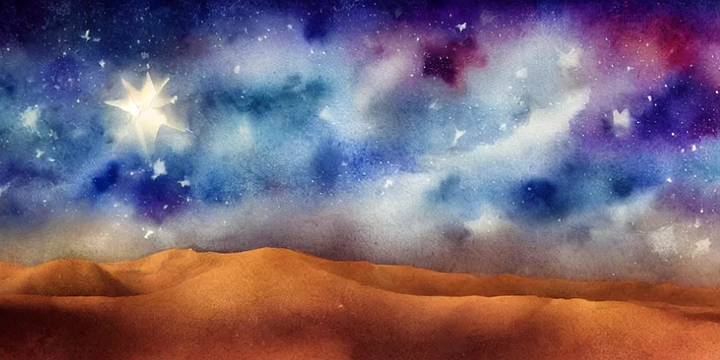 Prompt: desert with sky with stars in watercolor, cinematic, highly detailed wide, atmospheric lighting