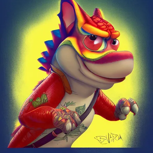 Image similar to in the style of artgerm, loish and ross tran, anthropomorphic alligator, red scales on his back, yellow scale on his belly and chest, male, waring a hawaiian shirt, in the style of zootopia