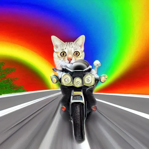 Prompt: A cat on a motorcycle with wind flowing through his jacket, driving through rainbow road, digital art