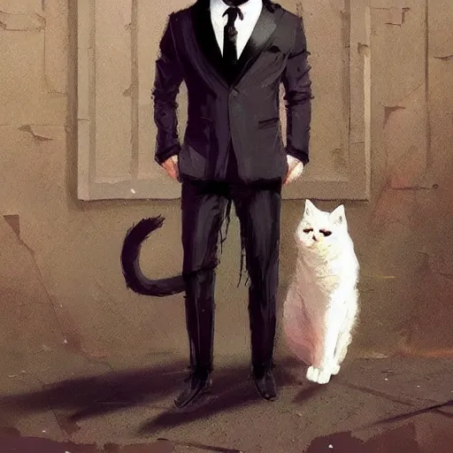 Prompt: cute kittycat man man wearing a cat costume wearing a tuxedo ripped physique greg rutkowski portrait