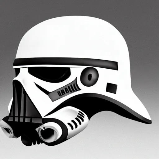 Image similar to a mix of darth vader's helmet and storm troopers helmet. concept art, trending on art station.