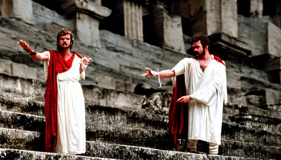 Image similar to 1 9 7 0 s movie still close - up of caligula in a white toga stabbed to death bleeding heavy blood on ancient amphitheater's stairs, cinestill 8 0 0 t 3 5 mm, high quality, heavy grain, high detail, dramatic light, anamorphic, blood