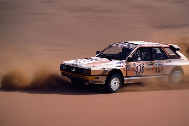 Image similar to Audi quattro rally car driving thru the desert. Cactus. Muted colors, photograph, high-speed photography, motion blur, midday, film 35mm