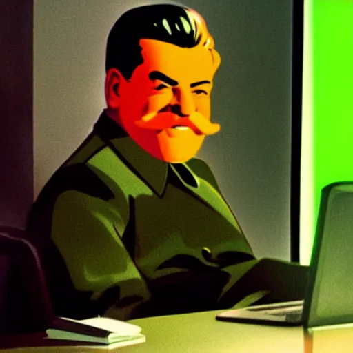 Prompt: stalin is sitting in a poorly lit office at a desk in front of a macbook that lights up his face, behind a window through which you can see a neon green mcdonald's sign, under the desk lies a small crab