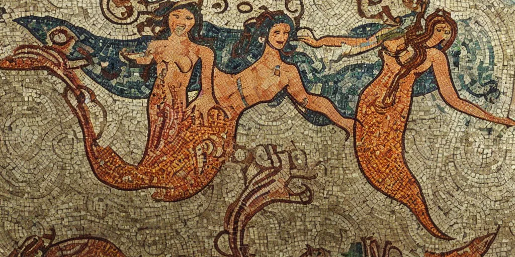 Image similar to ancient roman mosaic of beautiful gingerhead mermaid with long tail, dolphins, fishes, stylised, detailed, dynamic light