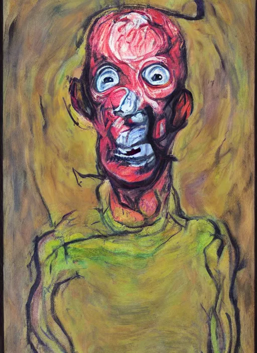 Prompt: scout boy, grotesque, doomed, acrylic paint, gouache on canvas, ugly art, grotesque, wrapped thermal background, art francis bacon