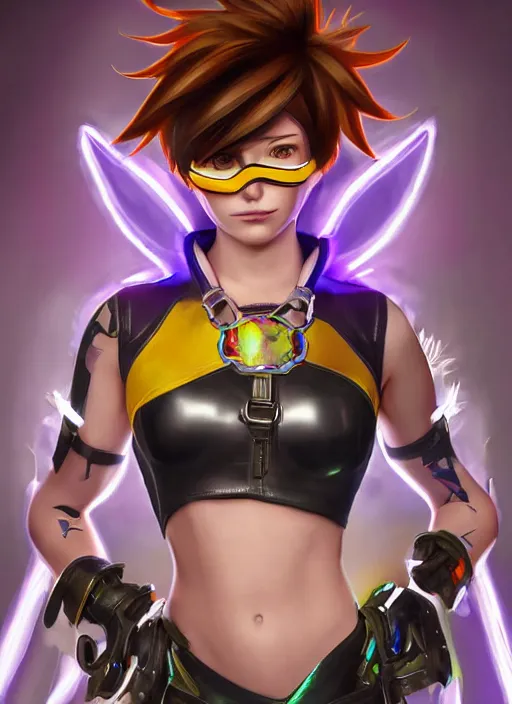 Prompt: portrait digital artwork of tracer overwatch, wearing iridescent rainbow latex and leather straps catsuit outfit, in style of mark arian, angel wings, dramatic painting, wearing detailed leather collar, chains, black leather harness, detailed face and eyes,