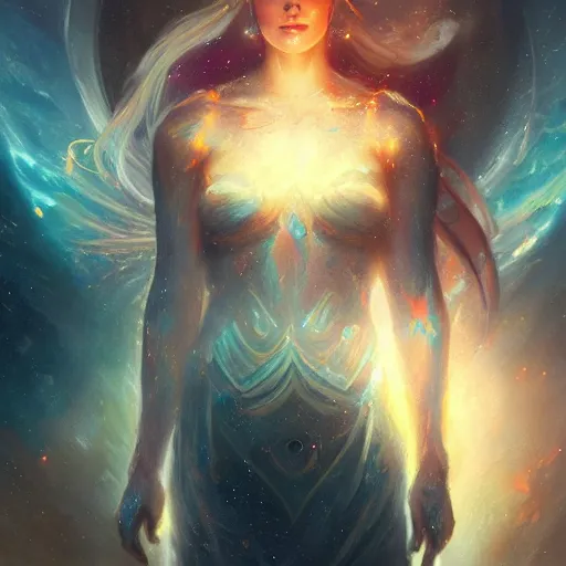 Image similar to a beautiful portrait of a cosmic goddess by Greg Rutkowski and Raymond Swanland, Trending on Artstation, nebula background
