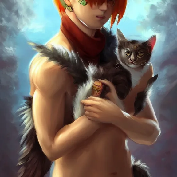 Prompt: boy with cat ears and cat tail, fantasy artwork, award winning, very very very very very very very very beautiful, trending on artstation.