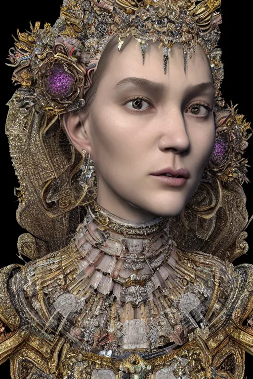 Image similar to hyper-realistic ultra-detailed maximalist and dramatic elegant luxury beautiful young empress portrait by igor goryunov and patricio clarey inspired by andrei riabovitchev and heidi taillefer Rendered by binx.ly 8k. Generative art. Fantastic realism. Scifi feel. Extremely Ornated. Intricate and omnious. Tools used: Blender Cinema4d Houdini3d zbrush. Unreal engine 5 Cinematic. Beautifully lit. No background. artstation. Deviantart. CGsociety.