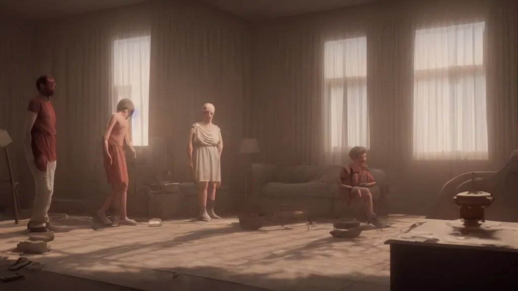 Image similar to colour comedy - sitcom scene from duna ( 2 0 2 1 ) by denis villeneuve and gregory crewdson style with hyperrealistic highly detailed faces. many details by andrei tarkovsky and caravaggio in sci - fi style. volumetric natural light rendered in blender and octane render