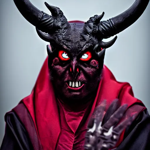 Image similar to portrait of the dark lord with horns, consumed by the dark powers, red eyes, wearing a robes, highly detailed, photography, 8k