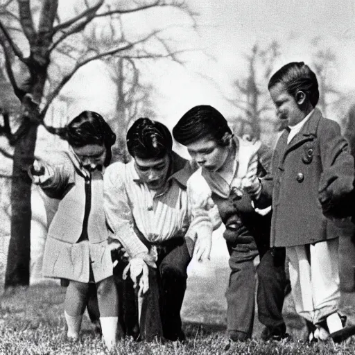 Prompt: historical footage of elvis on an easter egg hunt on easter sunday, 1 9 3 0 s, photorealistic, photo