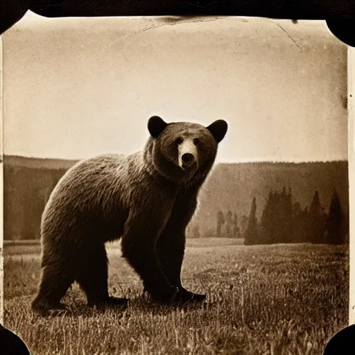 Prompt: the earliest known photograph of the bear helping hand, Colorado 1929