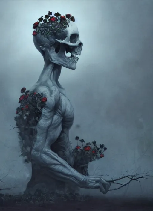 Image similar to skull surrounded by black roses, fog, cinematic shot, denis villeneuve movie still, wayne barlowe concept art, detailed, award - winning, by emil melmoth