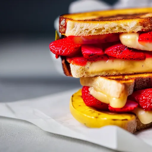 Image similar to a 5 0 mm macro shot of a grilled cheese sandwich with bananas and strawberries