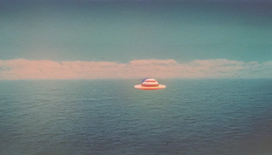 Image similar to 7 0 s film still of a ufo hovering above ocean, highly intricate, highly realistic, kodachrome, cinecolor, cinestill, photorealism, cinematic, film grain, film texture, vhs recording