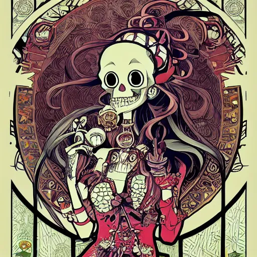 Prompt: anime manga skull portrait girl female skeleton illustration ren stimpy looneytoons art geof darrow and cuphead alphonse mucha pop art nouveau