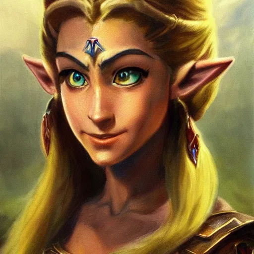 Prompt: an ultra - realistic portrait painting of zelda from the legend of zelda in the style of frank frazetta. 4 k. ultra - realistic. highly detailed. dark fantasy. epic lighting.