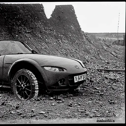 Image similar to a mazda mx-5 standing in no man's land, ww1, grainy black and white photograph