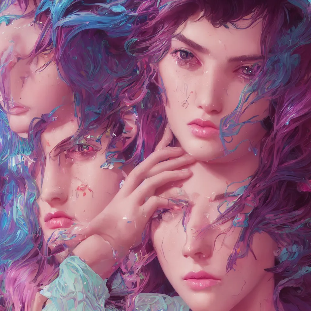 Image similar to young woman, gorgeous face, vaporwave aesthetic, synthwave, colorful, psychedelic, broken, shattered, beaten, sadness, crying, tears, artstation, concept art, smooth, extremely sharp detail, finely tuned detail, 8 k, unreal engine 5, ultra sharp focus, illustration, art by artgerm and greg rutkowski and alphonse mucha