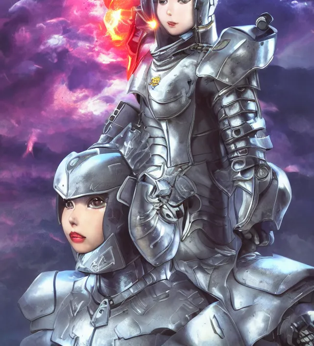 Prompt: hd 3 d rendered graphic novel video game portrait of a cute young armor knight girl complicated synaptic particles angelic deity demon future downtown in ishikawa ken miura kentaro gantz frank miller jim lee alex ross vaporwave technoir style detailed trending award winning on flickr artstation