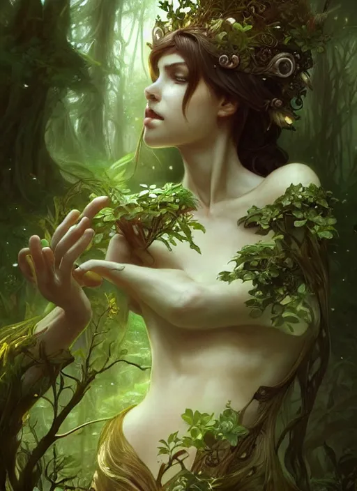 Image similar to a cute forest elemental, with fingers, fantasy, intricate, elegant, highly detailed, digital painting, artstation, concept art, wallpaper, smooth, sharp focus, illustration, art by artgerm and greg rutkowski and alphonse mucha