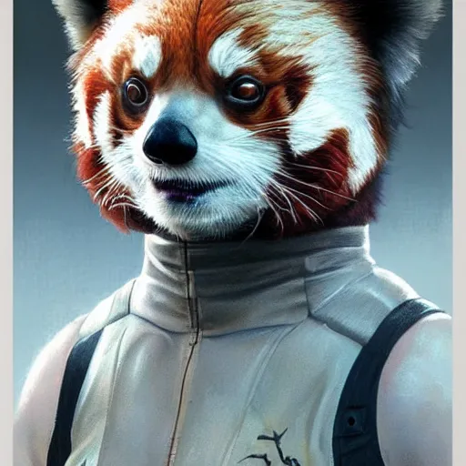 Prompt: red panda as a realistic scifi cyberpunk character, closeup portrait art by donato giancola and greg rutkowski, vintage retro scifi, realistic face, digital art, trending on artstation, symmetry!!!