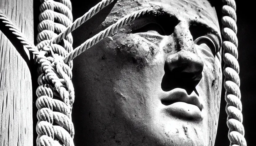 Prompt: 1 9 6 0 s movie still close - up of marcus atilius regulus'face tied with ropes at a pole with wide - open eyes looking directly at the burning sun, his eyes are bleeding intense, cinestill 8 0 0 t 3 5 mm b & w, high quality, heavy grain, high detail, texture, dramatic light