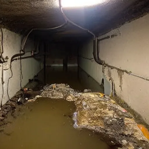 Prompt: deep underground bunker, flooded, dirty water, rusty pipes, cables