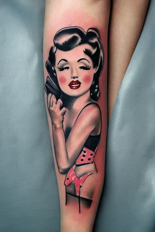 Prompt: pinup girl tattoo by Sarah Gaugler