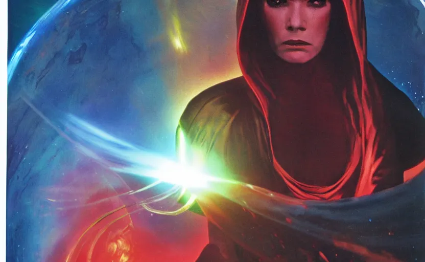 Prompt: screenshot portrait of female sith lord, on a planet of maelstrom, chaos, the world without form and void, 1970s film by Stanley Kubrick, iconic scene, HR Geiger design, stunning cinematography, hyper-detailed, sharp, anamorphic lenses, kodak color, 4k, stunning