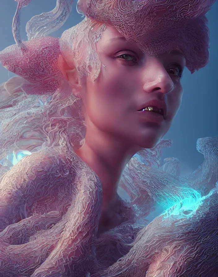 Image similar to goddess portrait. jellyfish phoenix head. intricate artwork by Tooth Wu and wlop and beeple. octane render, trending on artstation, greg rutkowski very coherent symmetrical artwork. cinematic, hyper realism, high detail, octane render, 8k