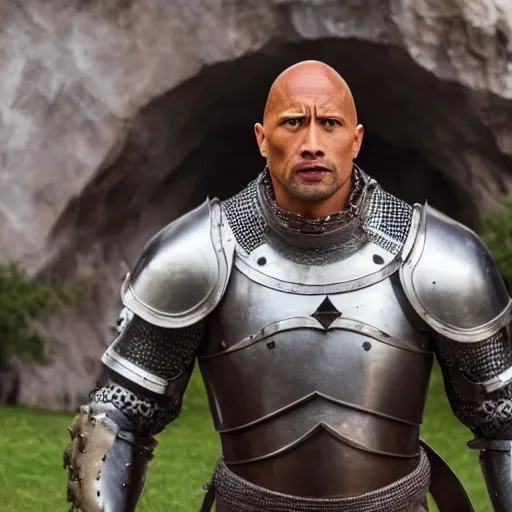 Image similar to Dwayne Johnson as a knight fully in armor 4k quality