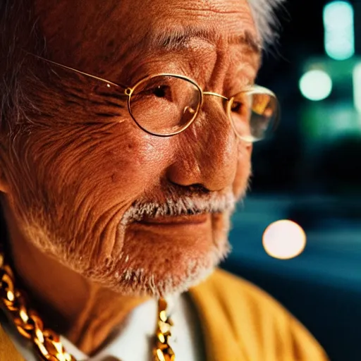 Prompt: close up, old man in tokyo at night, wearing gold chain, gold rings, cinestill 8 0 0,